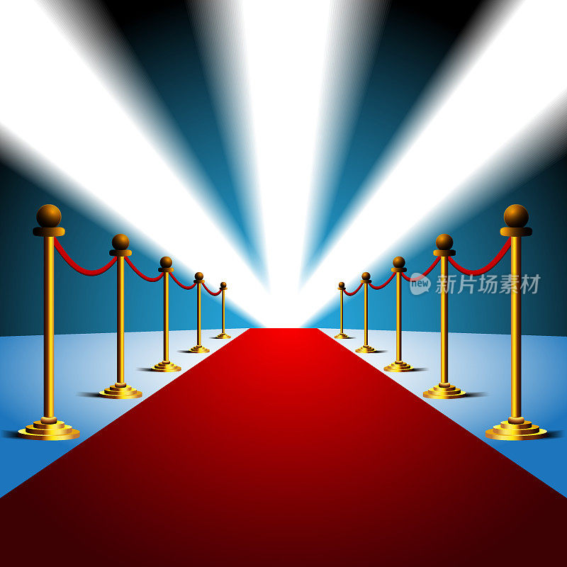 红地毯上的电影明星与娱乐剧院的设计，灯光和黄金支柱。