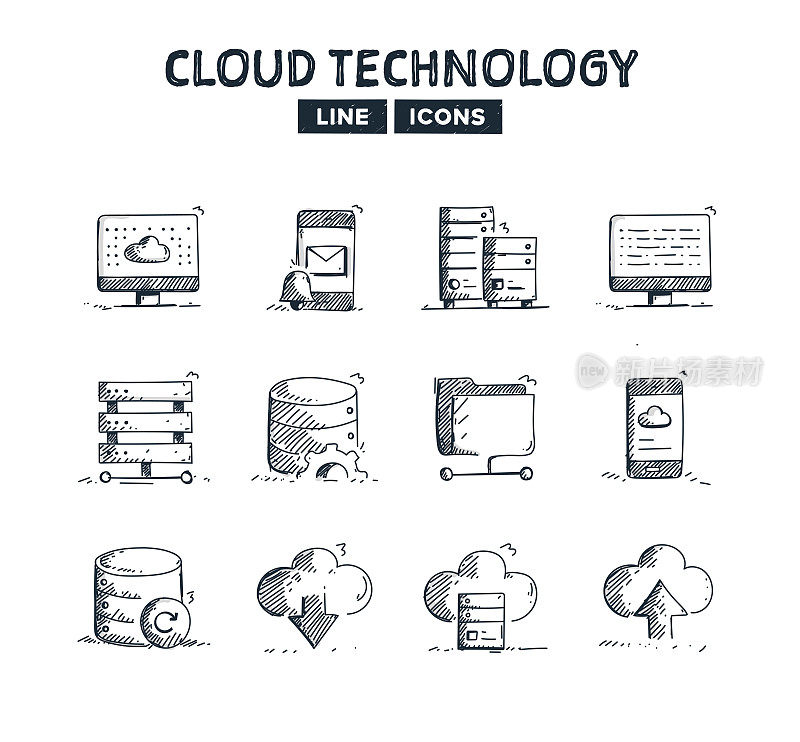 云技术手绘线图标集和草图设计
