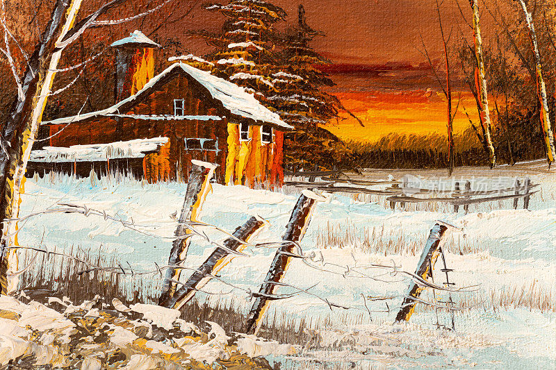 乡村落日冬季风景油画