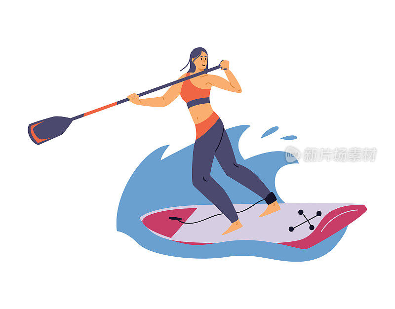 女子划船站在宽桨板，平面矢量插图孤立。