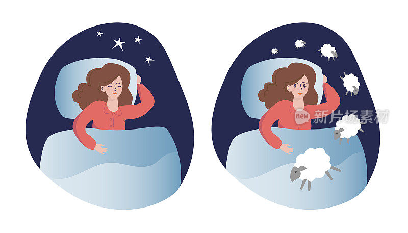 女性睡眠vs.睡眠不足。两幅插图。失眠的概念。