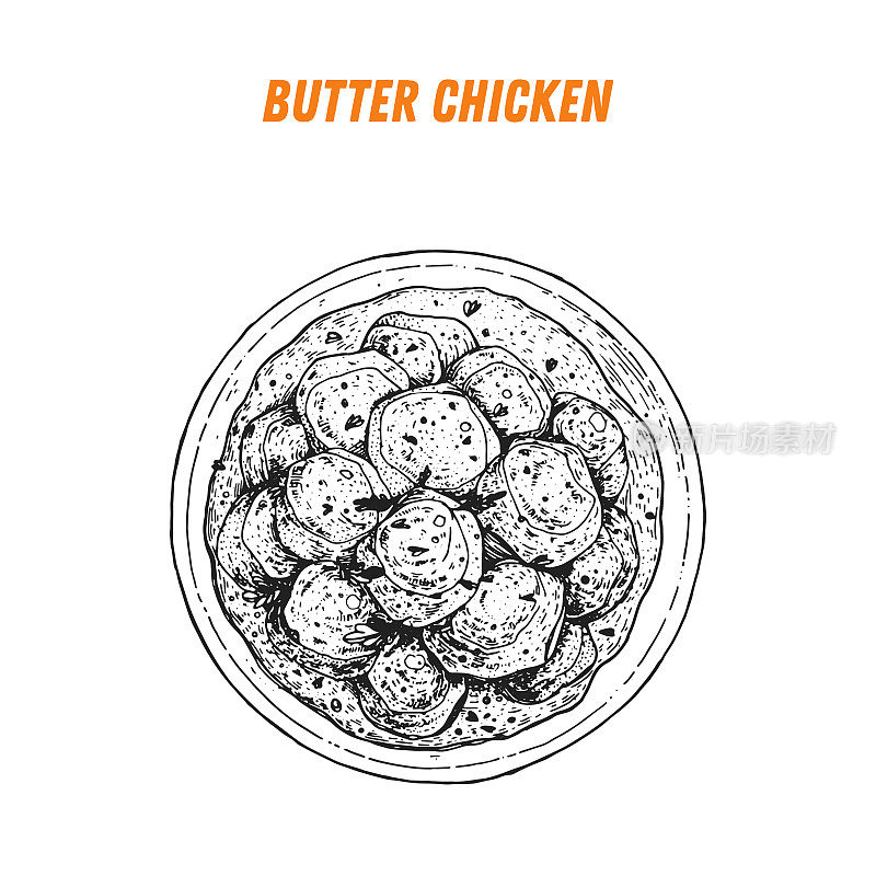黄油鸡小品，印度菜。手绘矢量插图。咖喱鸡小品风格。前视图。的矢量插图。