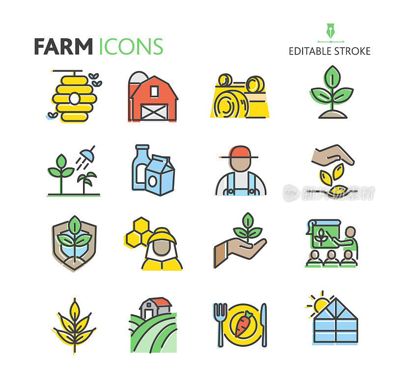 现代农场和农业图标概念丰富多彩的细线风格-可编辑的stroke
