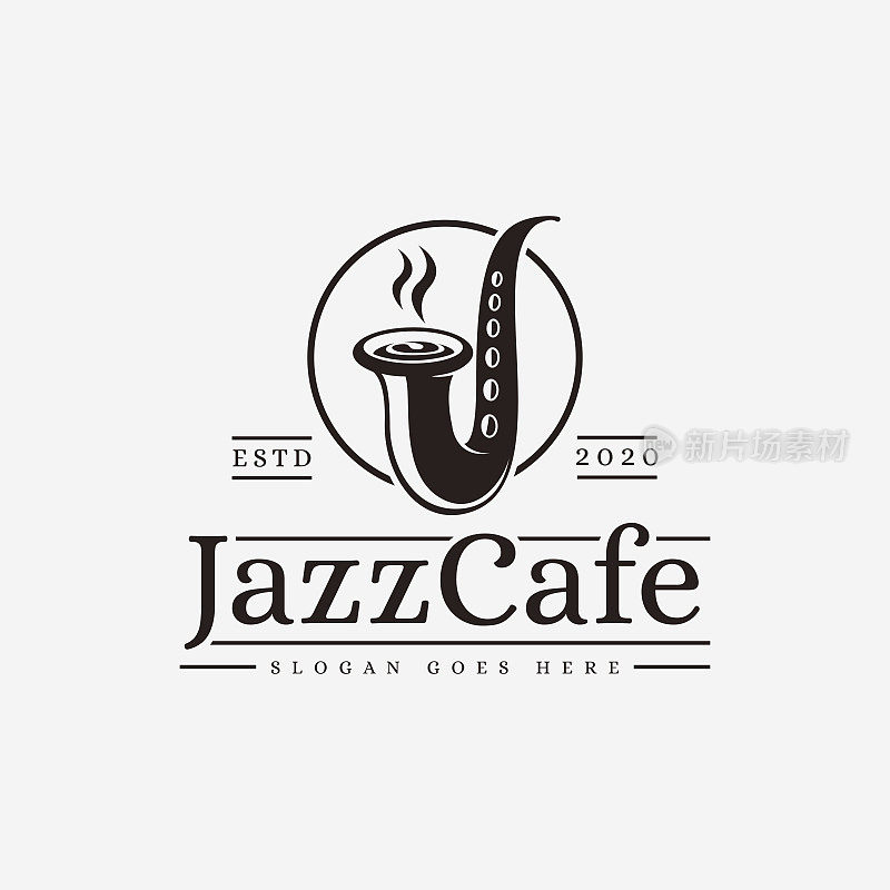创意爵士酒吧，爵士乐咖啡馆向量与J萨克斯风和咖啡杯矢量图标在白色的背景
