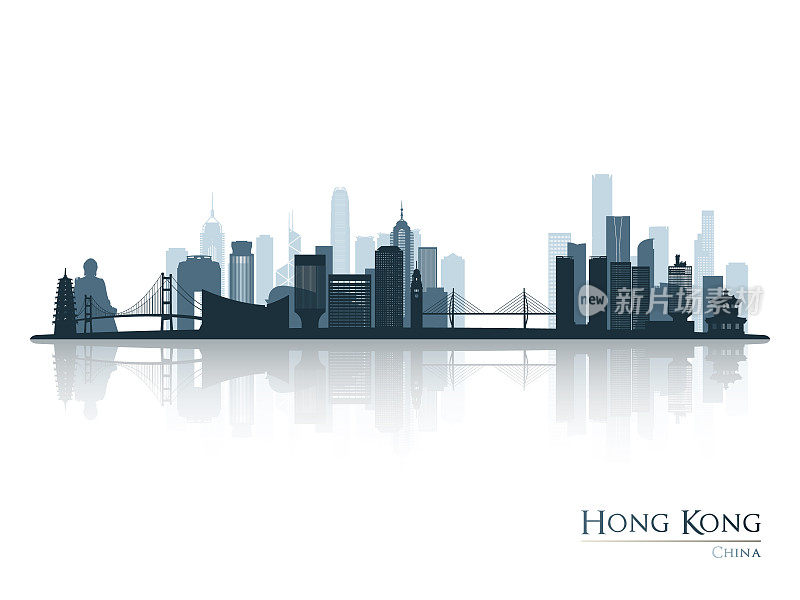 香港天际线剪影与倒影。香港景观，中国。矢量插图。
