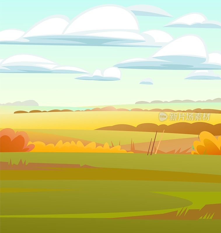 美丽的秋日田园风光。乡村的野生动物。村里有牧场和菜园。前景是一片空地。一年中的收获季节。黄色和橙色的场景。向量