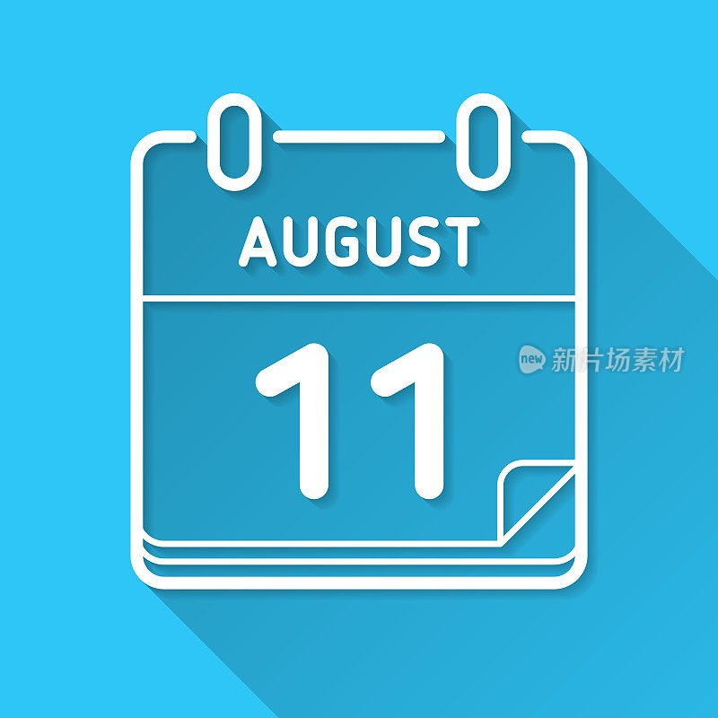 8月11日。蓝色背景上的图标-长阴影平面设计