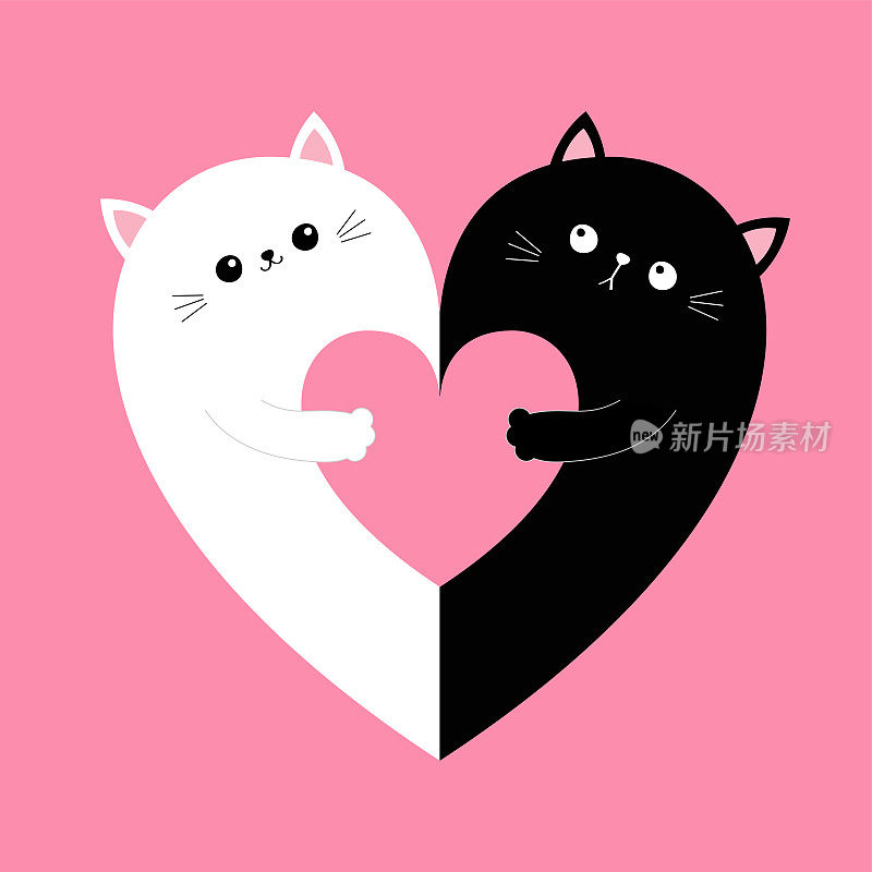 猫的心。抱着夫妻，抱着家人，抱着一颗心。情人节快乐。拥抱,拥抱,拥抱。黑白色阴阳小猫。可爱的卡通婴儿角色。粉红色的背景。平面设计。