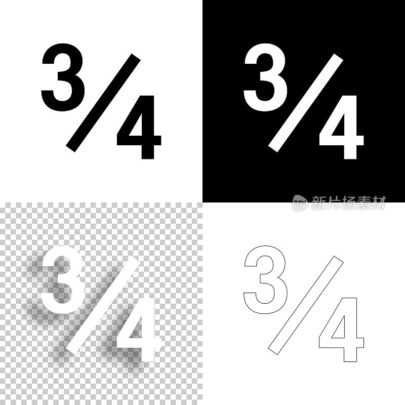 四分之三-四分之三。图标设计。空白，白色和黑色背景-线图标