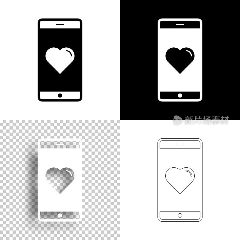 智能手机与心。图标设计。空白，白色和黑色背景-线图标