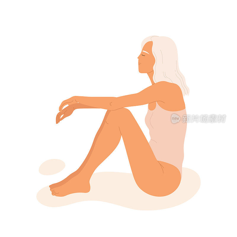 一个穿着粉红色泳衣的年轻女孩正坐在沙滩上晒太阳。沙滩上休息的女孩。暑假的审美。矢量插图在卡通风格。孤立的白色背景。