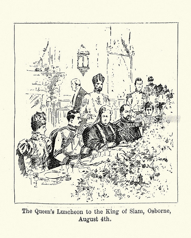 维多利亚女王与暹罗国王的午宴插画，奥斯本，1897年8月4日