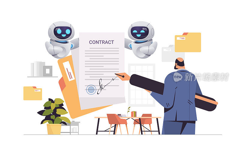 商人和机器人助手用纸质文件签署合同签署协议