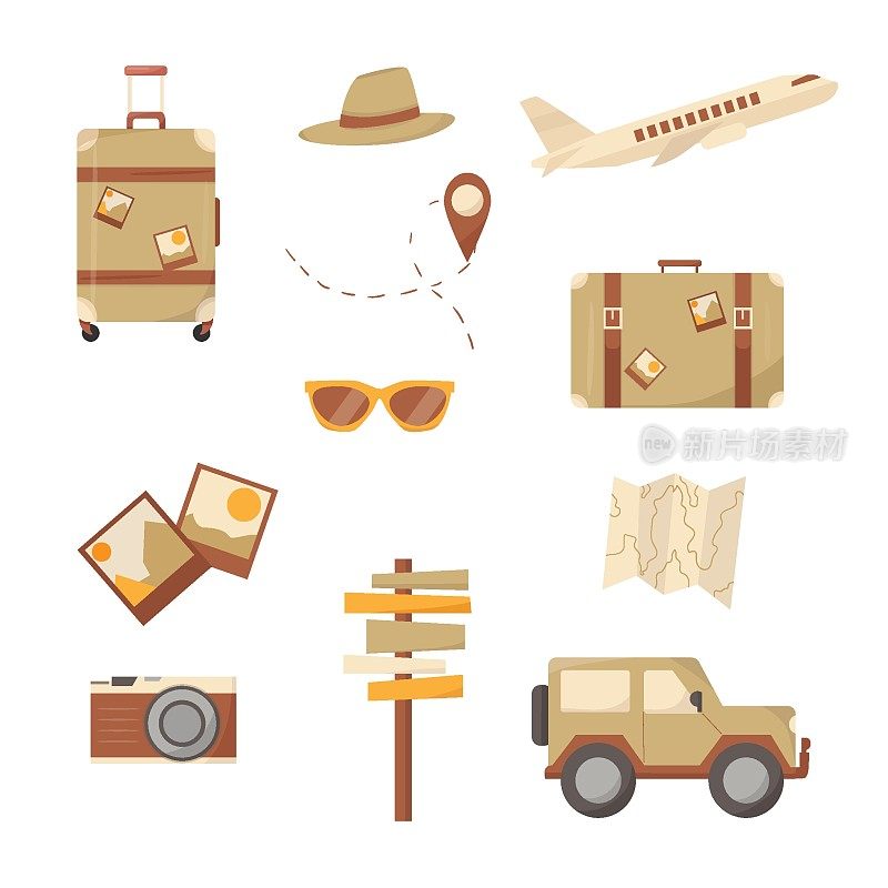 非洲之旅树立了标杆。平面设计的趋势。包，行李箱，飞机，地图，吉普车，指针，方向，眼镜，相机。