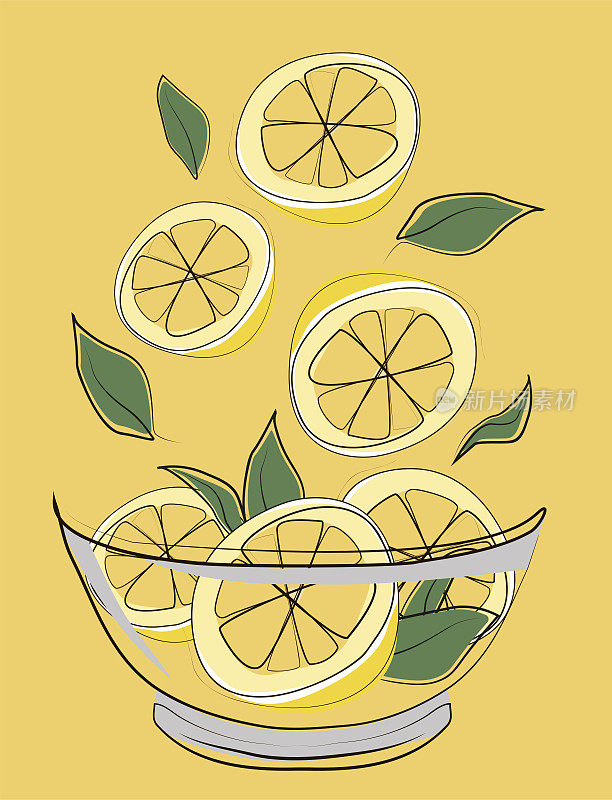 鲜柠檬放在黄色背景的盘子里。素食者的概念。矢量插图。平的风格