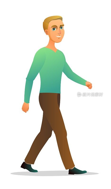 男孩正在散步。穿毛衣和裤子的家伙。快乐的人的性格。卡通有趣的风格插图。男性人物。在男性的衣服。孤立的白色背景。向量