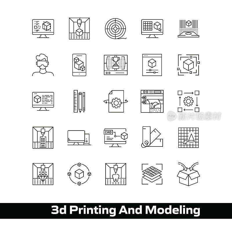 3D打印和建模矢量绘制图标在48px网格1px笔画宽度。信息图形、移动和网络等。