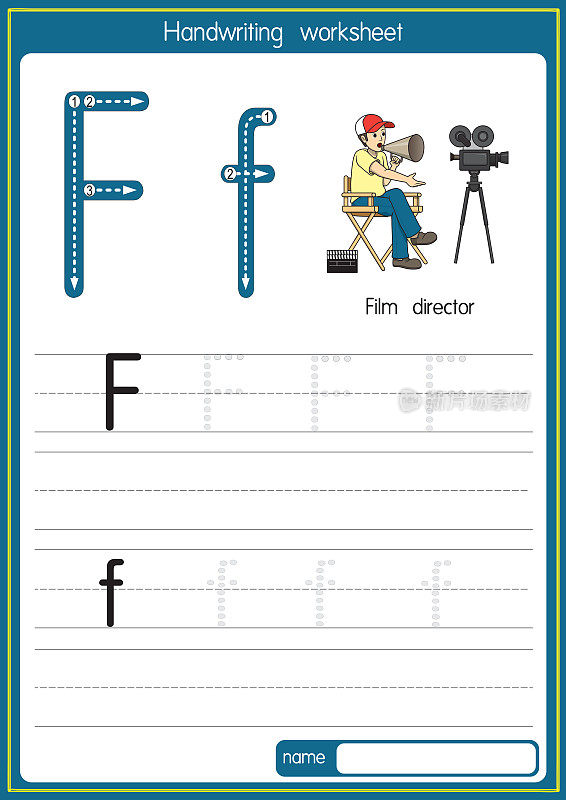 矢量插图电影导演与字母F大写字母或大写字母的儿童学习练习ABC