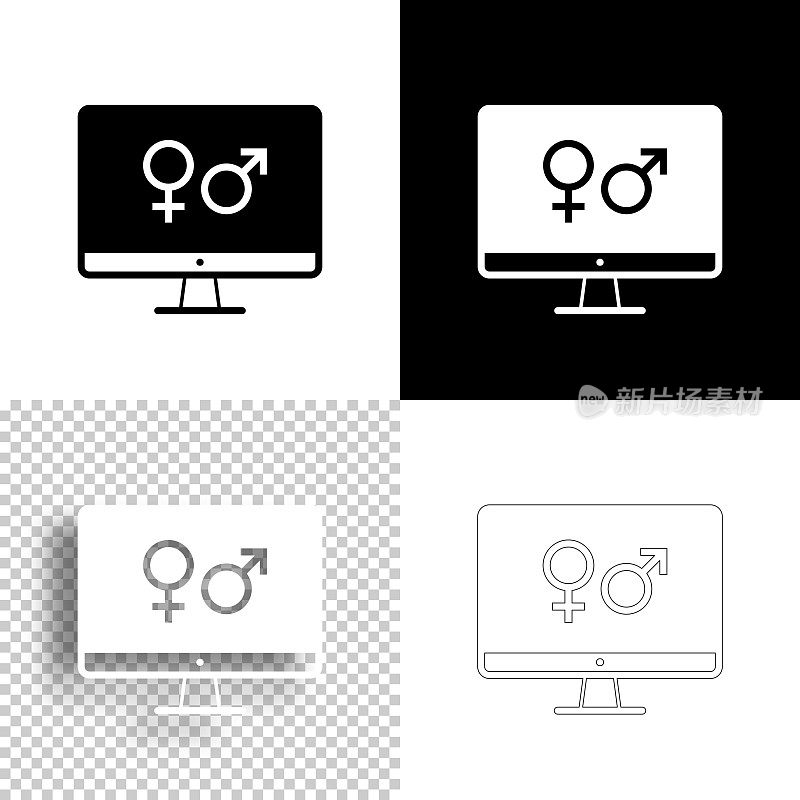 带有性别符号的台式电脑。图标设计。空白，白色和黑色背景-线图标