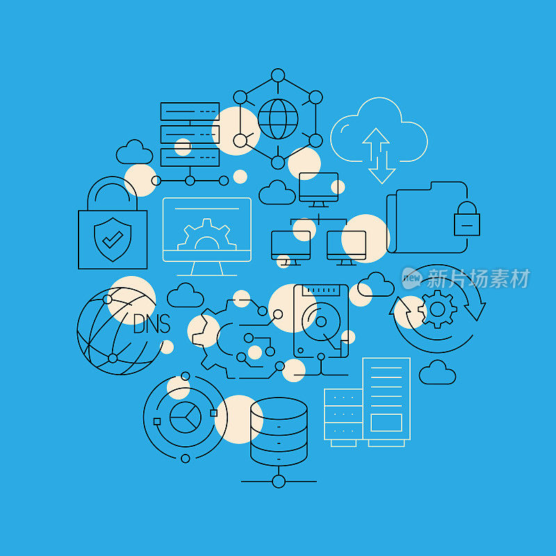 网络技术相关设计要素。使用大纲图标的模式设计。色彩斑斓的矢量图