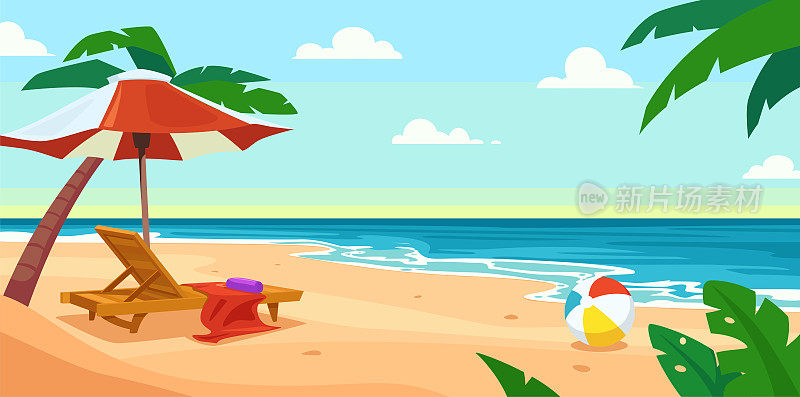 海边或海边的夏季海滩，棕榈树，日光浴躺椅，雨伞和球。矢量插图的海滩景观在卡通风格。