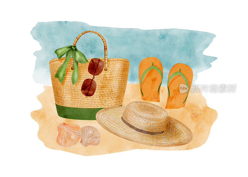 水彩海滩度假插图。手绘沙滩包与人字拖，草帽，海贝和太阳镜在沙子和水的背景。避暑胜地的景色孤立在白色。海岸。
