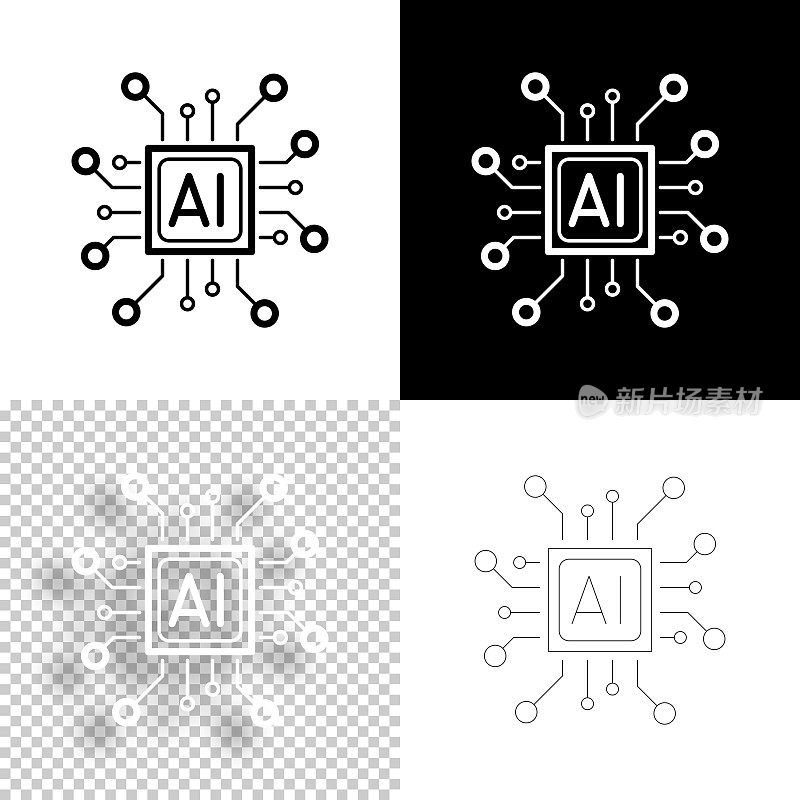 具有人工智能的处理器。图标设计。空白，白色和黑色背景-线图标