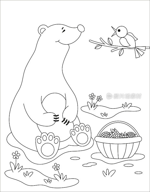 彩页上画着卡通可爱的小熊，旁边是一篮子覆盆子。彩色矢量插图，夏季儿童着色书