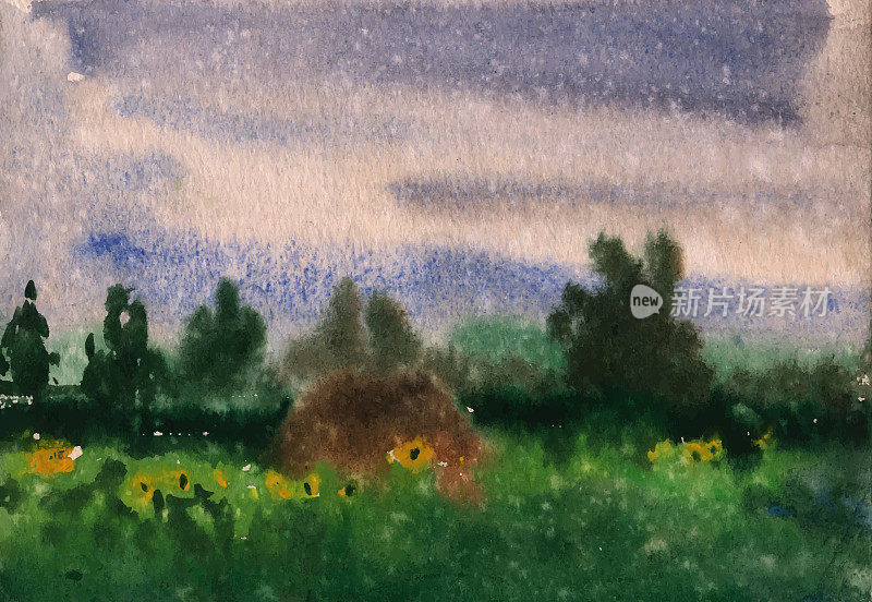 乡村生活的水彩画。美丽的乡村风景，树木，向日葵的田野，干草堆-现代印象派艺术绘画。