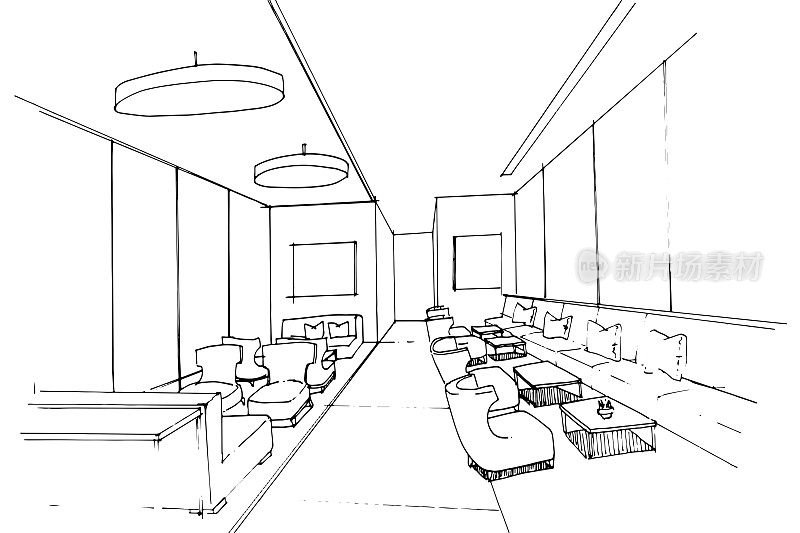 大堂吧和走廊区域的草图，现代设计，矢量，2d插图。