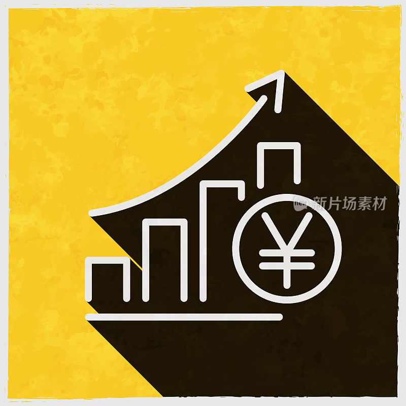 日元汇率上升图表。图标与长阴影的纹理黄色背景