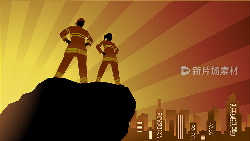 矢量消防员作为超级英雄剪影在城市股票插图
