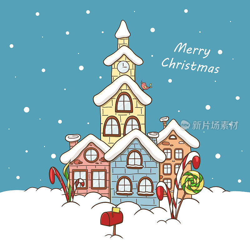 雪屋。有圣诞棒棒糖和邮箱的荷兰房子。雪飘,雪花。冬天。一张有房子的明信片。白雪覆盖的姜饼屋。新年快乐，圣诞快乐。向量