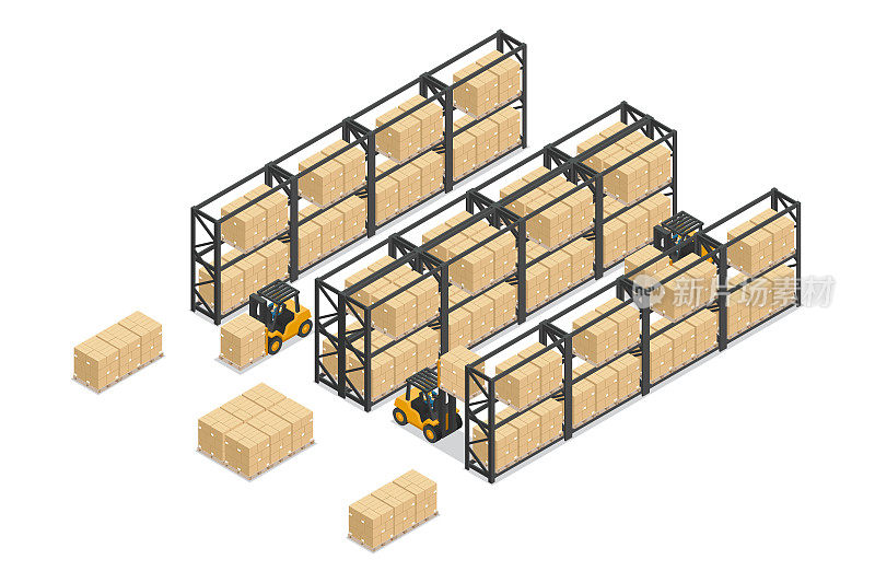 等距仓库，带货架或金属储物架，托盘上的箱子由叉车运输。操作叉车的安全。工业物流产品的储存和配送
