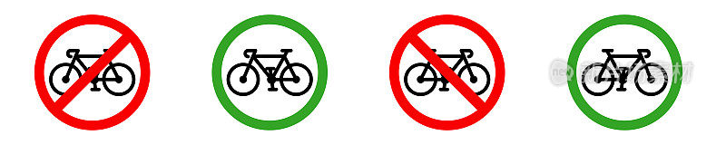 禁止自行车标志和自行车专区。骑自行车的招牌。红色禁止或绿色允许标志自行车。