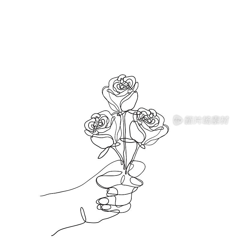 连续的线条画手拉手手捧一束鲜花的插图