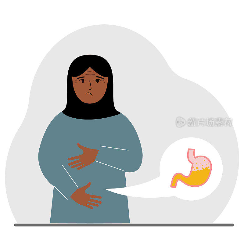 腹部疼痛的概念。阿拉伯女人用双手抱住他的肚子。胃部或消化系统有问题。