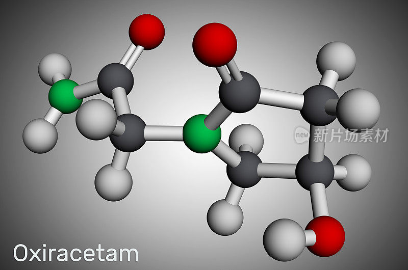 Oxiracetam分子。它是一种益智药的总西坦家族，非常温和的兴奋剂。分子模型。三维渲染