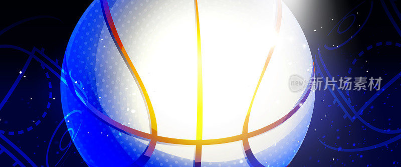 现实主义风格的团队竞赛、运动和胜利概念。篮球在聚光灯下的彩色抽象背景。