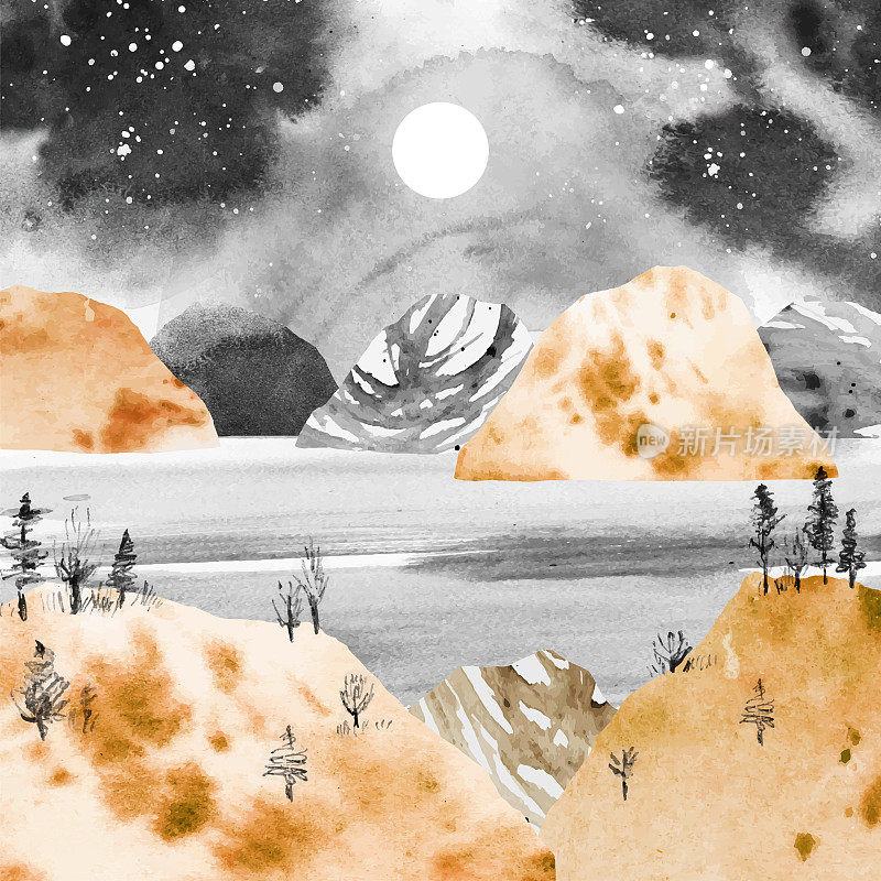 秋天水彩手绘矢量插图与山和湖在夜空下与月亮。设计与素描元素的印刷，海报，横幅，卡片。拼贴画和水彩画