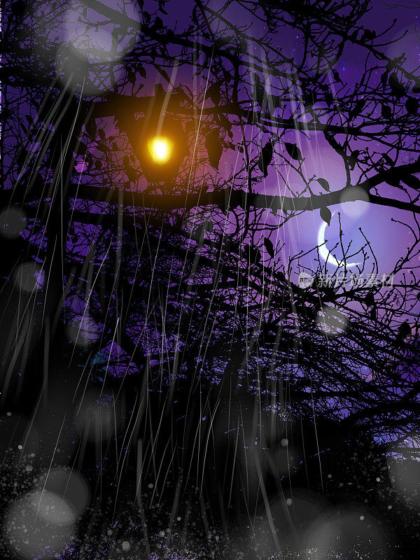 街灯和枯枝的剪影景观插图，在傍晚和无声的雨