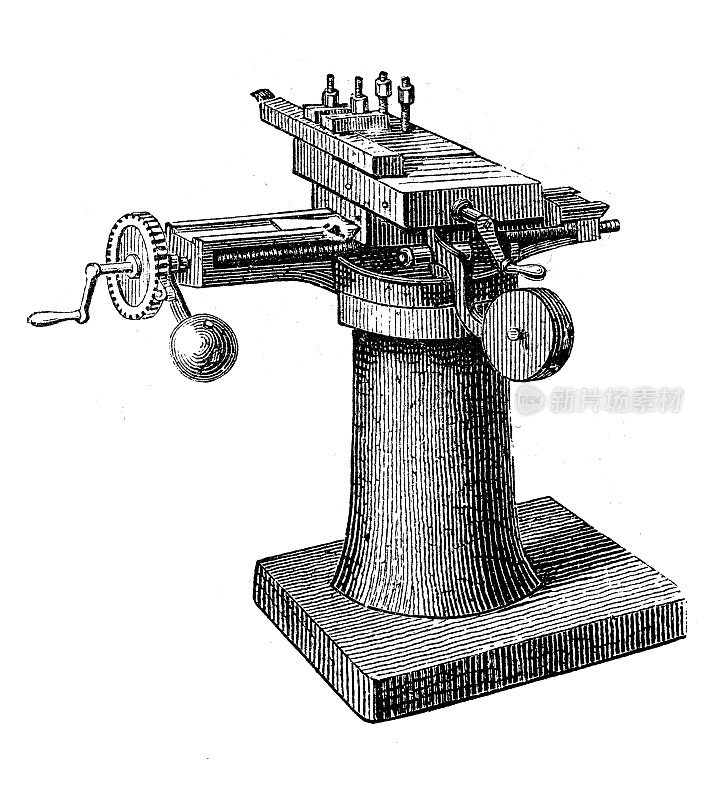古董插图，应用机械和机器:车床车床支架