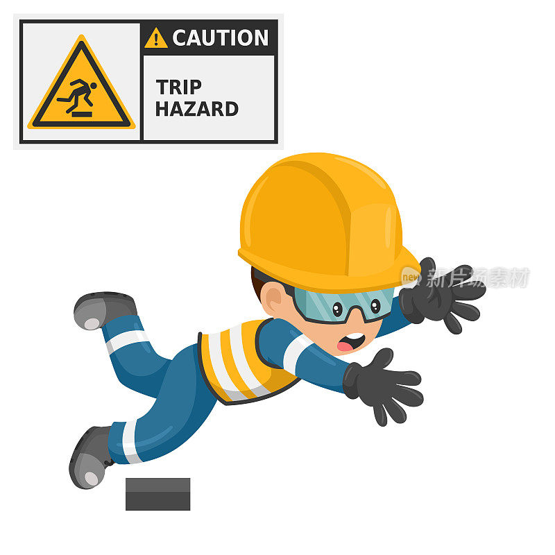 附有绊倒危险标志的工业工人警告。注意图标和象形文字。工作事故。配备个人防护装备的工人。工作中的工业安全和职业健康