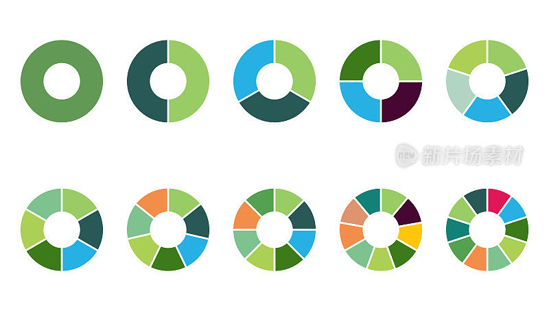 矢量插图进度条饼图集，圆形图标用于信息图，颜色图集合1、2、3、4、5、6、7、8、9、10个部分或步骤，UI,web设计业务演示