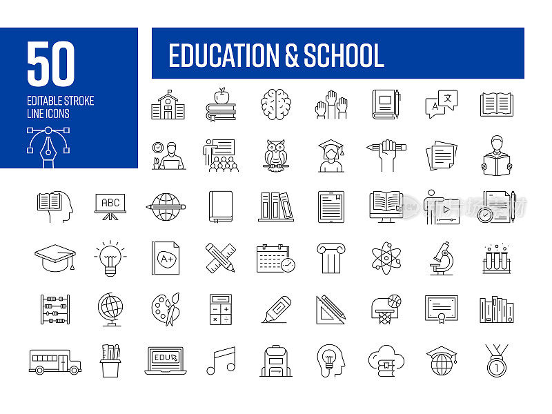 教育和学校线图标。可编辑的笔画矢量图标集合。