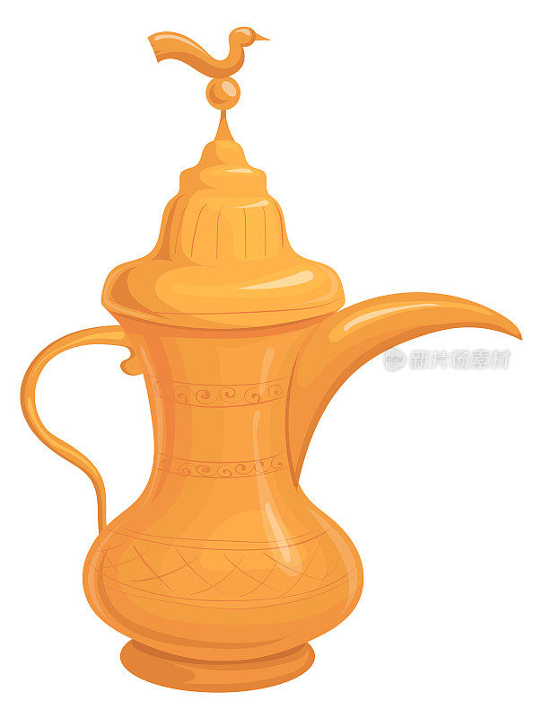 金色的投手。卡通传统古代东方茶壶