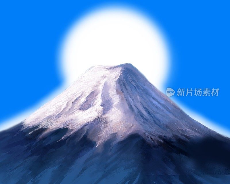 新年第一次日出的风景插画和白色背景上美丽的日本富士山