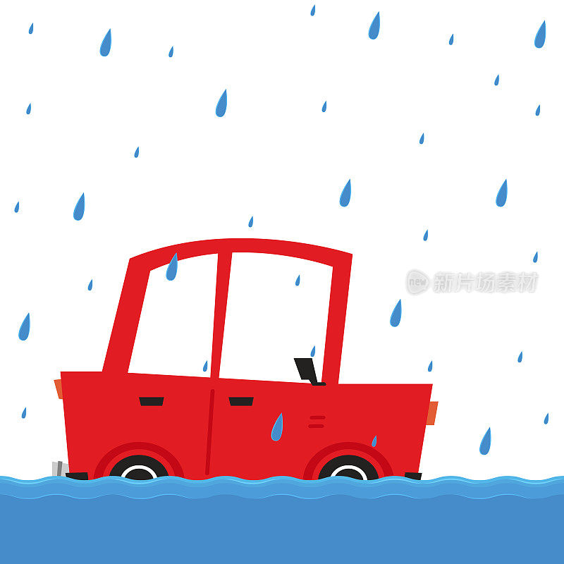 洪水道路矢量。公路洪水。一辆试图在街道上抗洪行驶的汽车。
