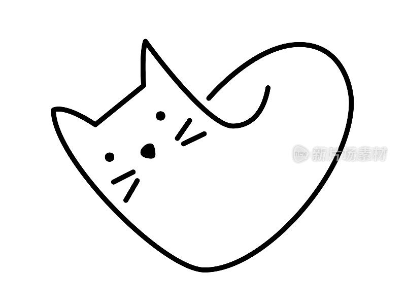可爱的一条线矢量猫与心脏标志。极简猫在抽象手绘风格，极简的一条线画。手绘可爱的宠物。摘要最小
