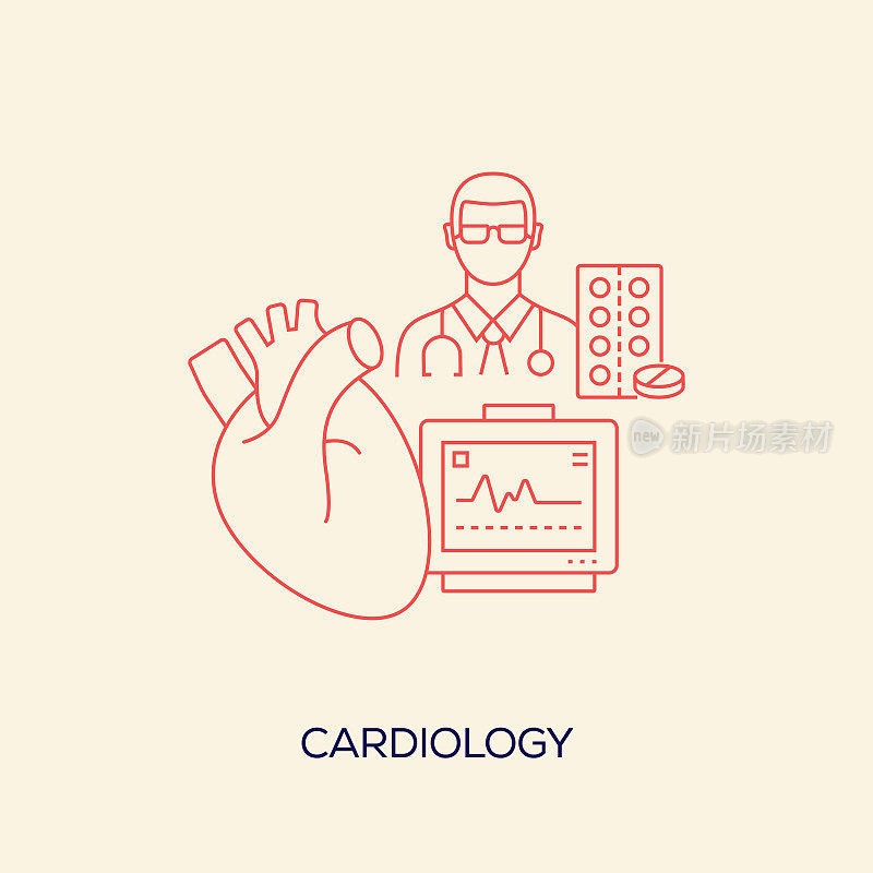 心脏病学相关设计与线图标。简单的轮廓符号图标。